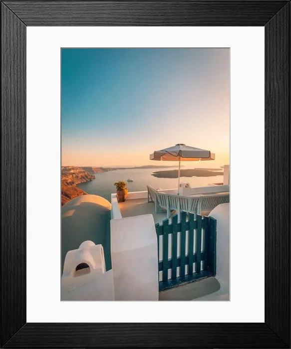 Framed Print : Amazing evening view over white architecture and romantic sunset light, Santorini, summer romance, honeymoon destination. Traveling concept, vacation Framed Print : Amazing evening view over white architecture and romantic sunset light, Santorini, summer romance, honeymoon destination. Traveling concept, vacation