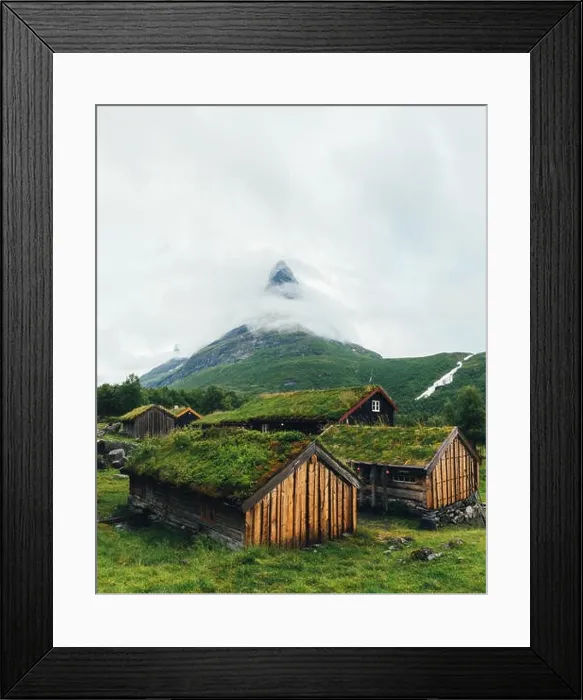 Framed Print : Norwegian grass roof old house