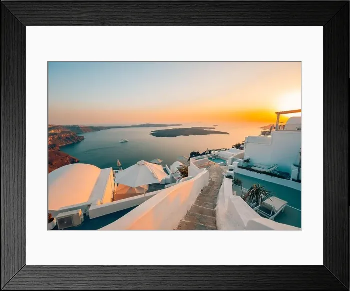 Framed Print : Amazing evening view over white architecture and romantic sunset light, Santorini, summer romance, honeymoon destination. Traveling concept, vacation Framed Print : Amazing evening view over white architecture and romantic sunset light, Santorini, summer romance, honeymoon destination. Traveling concept, vacation