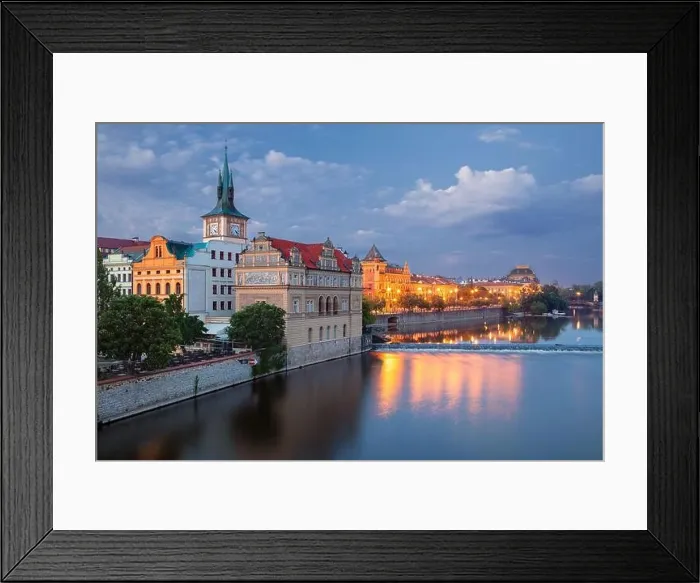 Framed Print : Prague Riverside. Cityscape image of Prague riverside with Old Town Water Tower at twilight blue hour Framed Print : Prague Riverside. Cityscape image of Prague riverside with Old Town Water Tower at twilight blue hour
