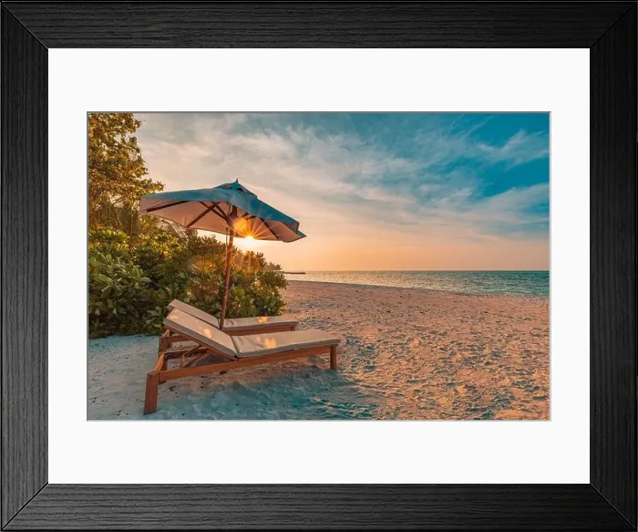 Framed Print : Beautiful sunset relax beach. Chairs on sandy beach near the sea. Summer holiday and vacation concept for tourism. Inspire romance tropical landscape Framed Print : Beautiful sunset relax beach. Chairs on sandy beach near the sea. Summer holiday and vacation concept for tourism. Inspire romance tropical landscape