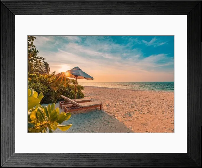 Framed Print : Beautiful sunset relax beach. Chairs on sandy beach near the sea. Summer holiday and vacation concept for tourism. Inspire romance tropical landscape Framed Print : Beautiful sunset relax beach. Chairs on sandy beach near the sea. Summer holiday and vacation concept for tourism. Inspire romance tropical landscape