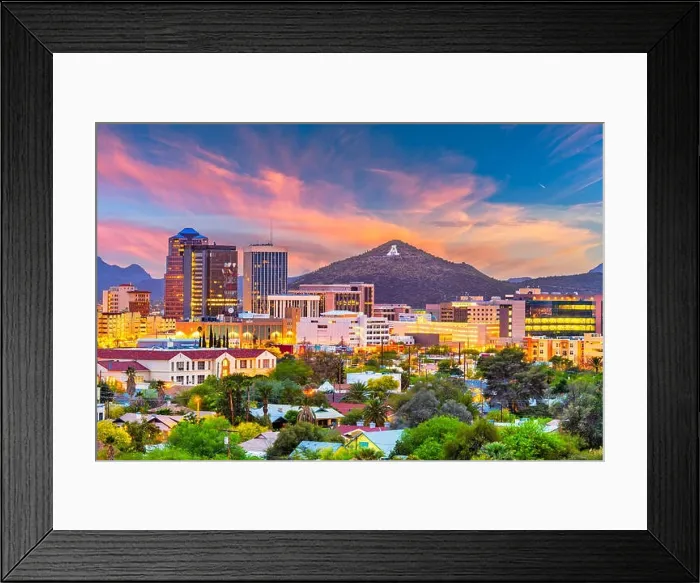 Framed Print : Tucson, Arizona, USA downtown skyline with Sentinel Peak at dusk. (Mountaintop A for Arizona') Framed Print : Tucson, Arizona, USA downtown skyline with Sentinel Peak at dusk. (Mountaintop A for Arizona')