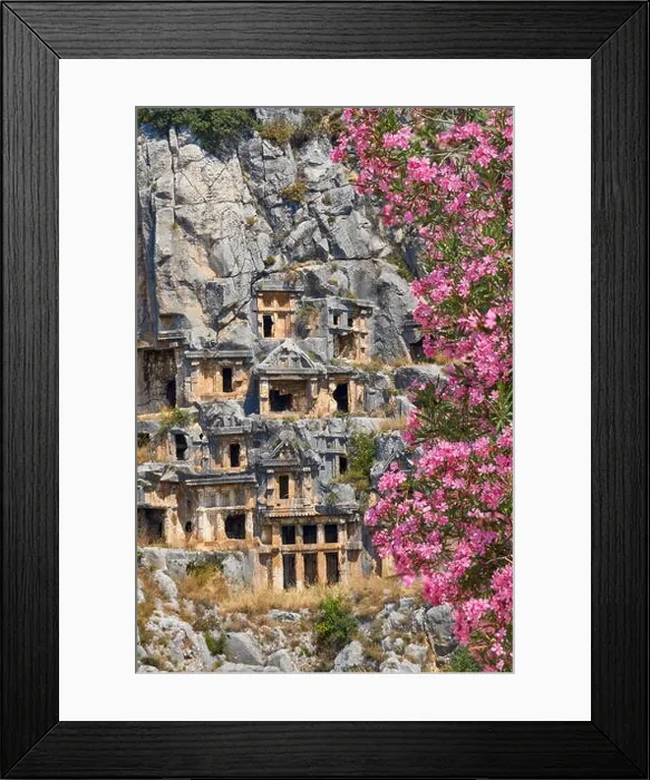 Framed Print : Ancient Lycian rock tombs and blooming oleander flowes, Myra (Demre), Turkey Framed Print : Ancient Lycian rock tombs and blooming oleander flowes, Myra (Demre), Turkey