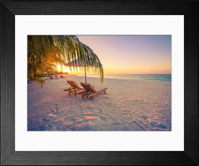 Framed Print : Beautiful sunset relax beach. Chairs on sandy beach near the sea. Summer holiday and vacation concept for tourism. Inspire romance tropical landscape Framed Print : Beautiful sunset relax beach. Chairs on sandy beach near the sea. Summer holiday and vacation concept for tourism. Inspire romance tropical landscape