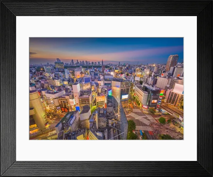 Framed Print : Shibuya, Tokyo, Japan city skyline over the famous scramble crosswalk at dusk Framed Print : Shibuya, Tokyo, Japan city skyline over the famous scramble crosswalk at dusk