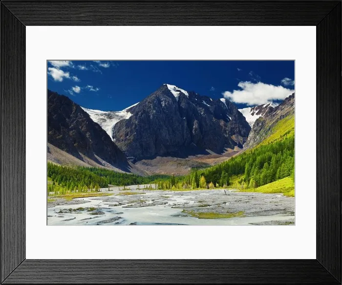 Framed Print : Mountain valley with river and green forest, Altai mountains, Russia Framed Print : Mountain valley with river and green forest, Altai mountains, Russia