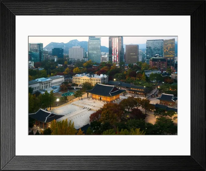 Framed Print : Night view of Deoksugung Palace and Seoul city in autumn season in Seoul, South Korea Framed Print : Night view of Deoksugung Palace and Seoul city in autumn season in Seoul, South Korea