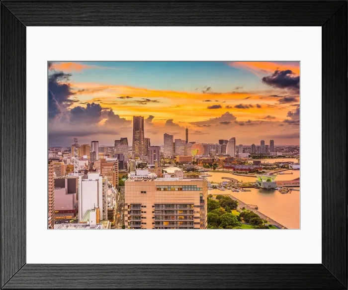 Framed Print : Yokohama, Japan harbor and downtown skyline at dusk Framed Print : Yokohama, Japan harbor and downtown skyline at dusk