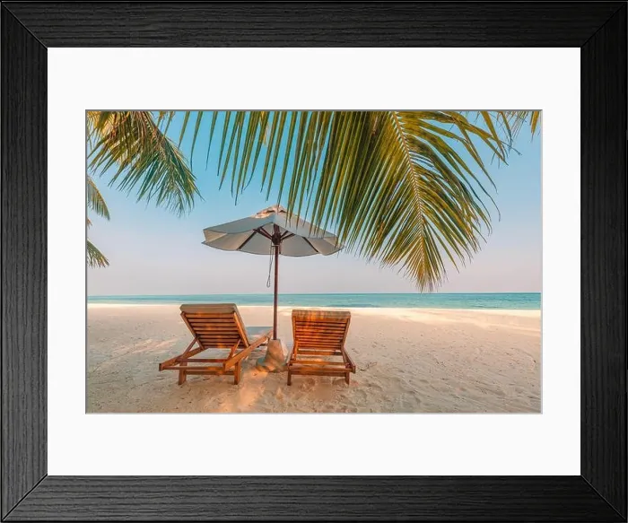 Framed Print : Beautiful sunset relax beach. Chairs on sandy beach near the sea. Summer holiday and vacation concept for tourism. Inspire romance tropical landscape Framed Print : Beautiful sunset relax beach. Chairs on sandy beach near the sea. Summer holiday and vacation concept for tourism. Inspire romance tropical landscape