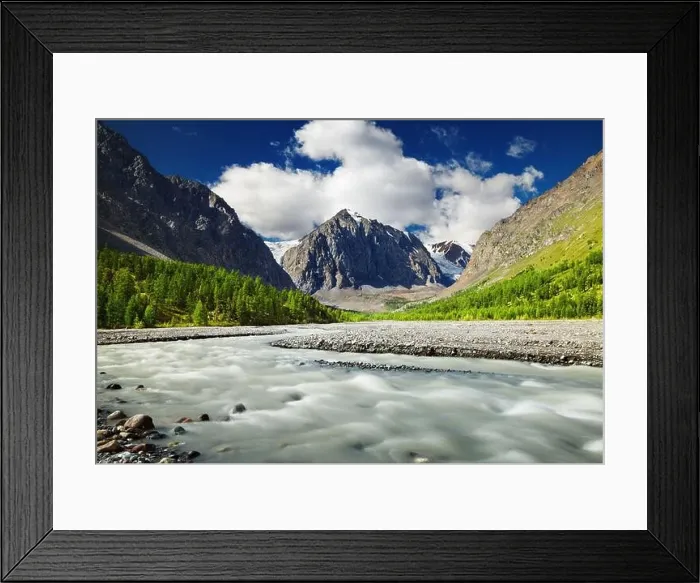Framed Print : Mountain valley with river and green forest, Altai mountains, Russia Framed Print : Mountain valley with river and green forest, Altai mountains, Russia
