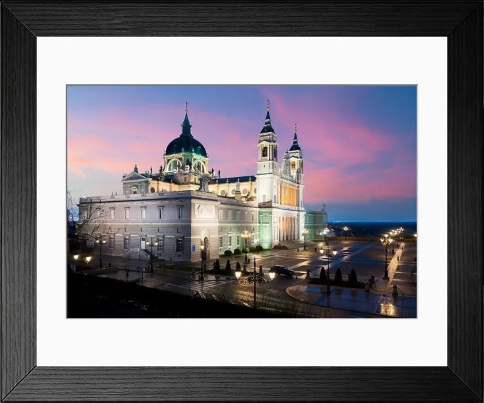 Framed Print : Madrid landmark at night. Landscape of Santa Maria la Real de La Almudena Cathedral and the Royal Palace. Beautiful skyline at Madrid, Spain Framed Print : Madrid landmark at night. Landscape of Santa Maria la Real de La Almudena Cathedral and the Royal Palace. Beautiful skyline at Madrid, Spain