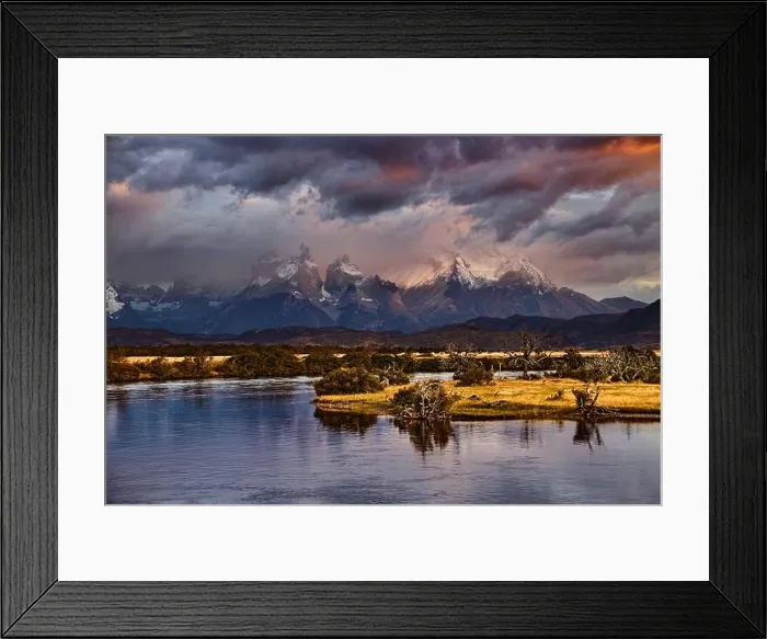 Framed Print : Mountain landscape at sunrise, Torres del Paine National Park, Patagonia, Chile Framed Print : Mountain landscape at sunrise, Torres del Paine National Park, Patagonia, Chile