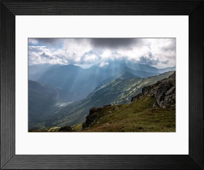 Framed Print : Scenic mountain view with beams of light at summer day in National park of Tatra mountains Framed Print : Scenic mountain view with beams of light at summer day in National park of Tatra mountains