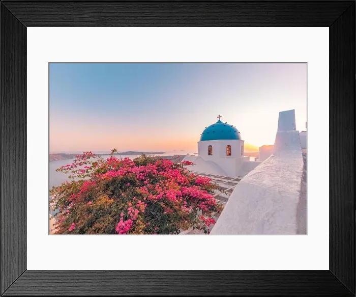 Framed Print : White wash architecture on Santorini Island, Greece. The view toward Caldera sea with relaxing summer travel vacation mood, vibes. Romance love couple Framed Print : White wash architecture on Santorini Island, Greece. The view toward Caldera sea with relaxing summer travel vacation mood, vibes. Romance love couple