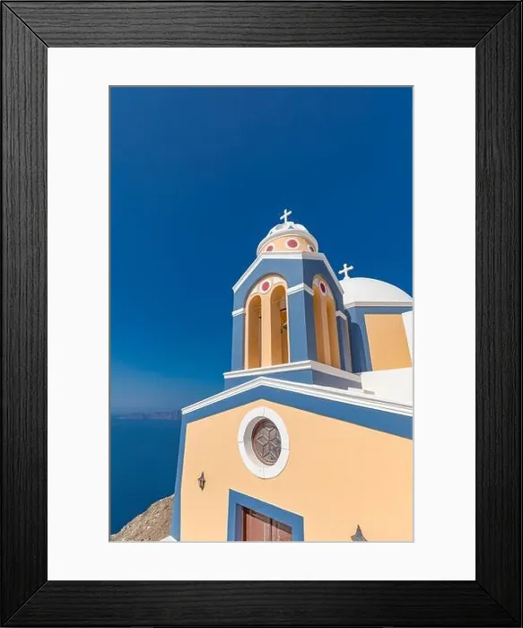 Framed Print : White wash architecture on Santorini Island, Greece. The view toward Caldera sea with relaxing summer travel vacation mood, vibes. Romance love couple