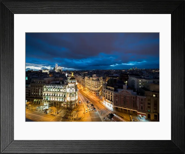 Framed Print : Car and traffic lights on Gran via street, main shopping street in Madrid at night. Spain, Europe. Lanmark in Madrid, Spain Framed Print : Car and traffic lights on Gran via street, main shopping street in Madrid at night. Spain, Europe. Lanmark in Madrid, Spain
