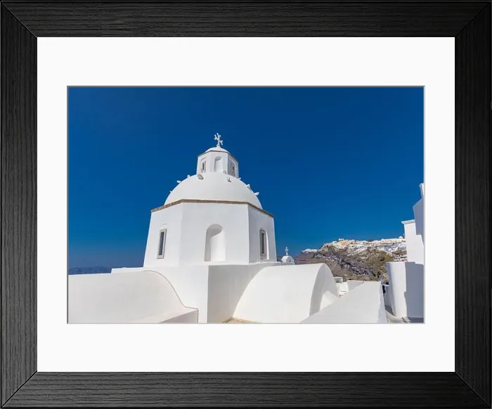 Framed Print : White wash architecture on Santorini Island, Greece. The view toward Caldera sea with relaxing summer travel vacation mood, vibes. Romance love couple Framed Print : White wash architecture on Santorini Island, Greece. The view toward Caldera sea with relaxing summer travel vacation mood, vibes. Romance love couple