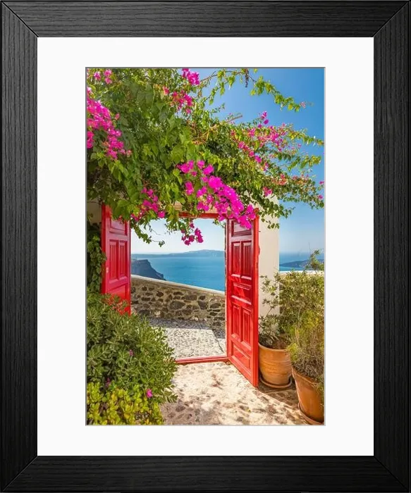Framed Print : White wash architecture on Santorini Island, Greece. The view toward Caldera sea with relaxing summer travel vacation mood, vibes. Romance love couple Framed Print : White wash architecture on Santorini Island, Greece. The view toward Caldera sea with relaxing summer travel vacation mood, vibes. Romance love couple