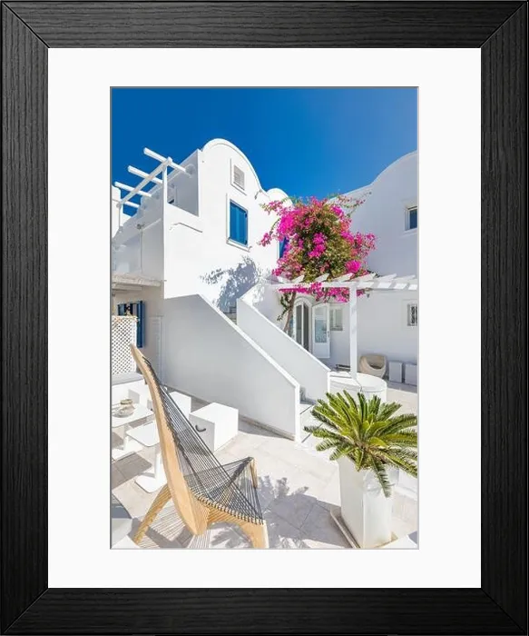 Framed Print : White wash architecture on Santorini Island, Greece. The view toward Caldera sea with relaxing summer travel vacation mood, vibes. Romance love couple Framed Print : White wash architecture on Santorini Island, Greece. The view toward Caldera sea with relaxing summer travel vacation mood, vibes. Romance love couple