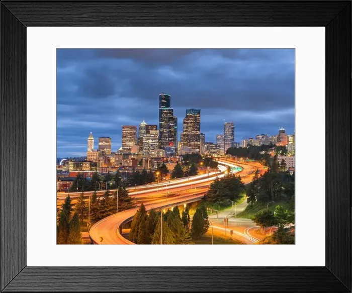 Framed Print : Seattle, Washington, USA downtown city skyline over highways at dusk Framed Print : Seattle, Washington, USA downtown city skyline over highways at dusk