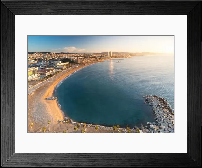 Framed Print : Aerial view of Barcelona Beach in summer morning along seaside in Barcelona, Spain. Mediterranean Sea in Spain Framed Print : Aerial view of Barcelona Beach in summer morning along seaside in Barcelona, Spain. Mediterranean Sea in Spain
