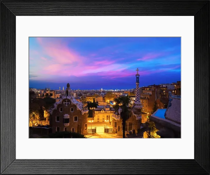 Framed Print : Park Guell in Barcelona, Spain at night. Barcelona skyline Framed Print : Park Guell in Barcelona, Spain at night. Barcelona skyline
