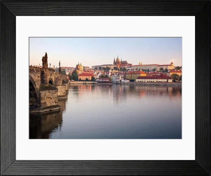 Framed Print : Prague at sunrise. Cityscape image of Prague, capital city of Czech Republic with St. Vitus Cathedral and Charles Bridge at sunrise