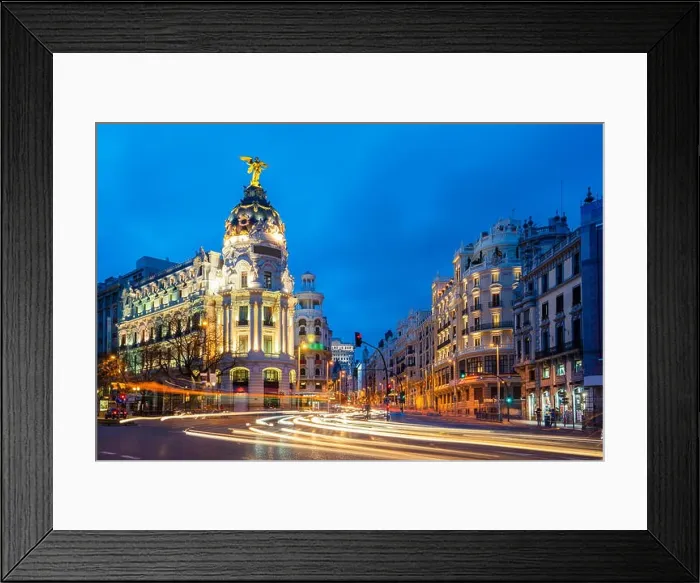 Framed Print : Car and traffic lights on Gran via street, main shopping street in Madrid at night. Spain, Europe. Lanmark in Madrid, Spain Framed Print : Car and traffic lights on Gran via street, main shopping street in Madrid at night. Spain, Europe. Lanmark in Madrid, Spain