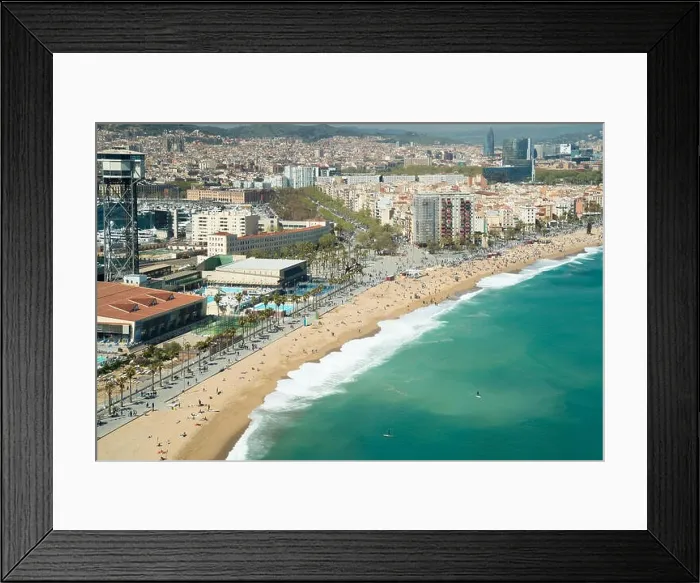 Framed Print : Aerial view of Barcelona, Barceloneta beach and Mediterranean sea in summer day at Barcelona, Spain Framed Print : Aerial view of Barcelona, Barceloneta beach and Mediterranean sea in summer day at Barcelona, Spain