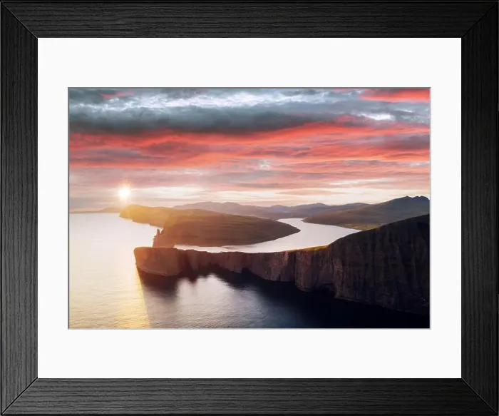 Framed Print : Incredible panoramical view of Sorvagsvatn lake on cliffs of Vagar island in sunset time, Faroe Islands, Denmark. Landscape photography