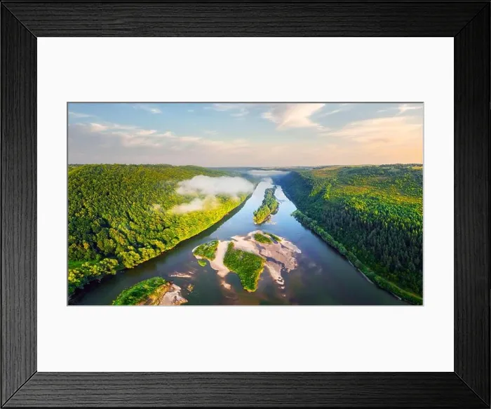Framed Print : Flight through majestic foggy river and lush green forest at sunrise time. Landscape photography. Dnister, Ukraine, Europe Framed Print : Flight through majestic foggy river and lush green forest at sunrise time. Landscape photography. Dnister, Ukraine, Europe
