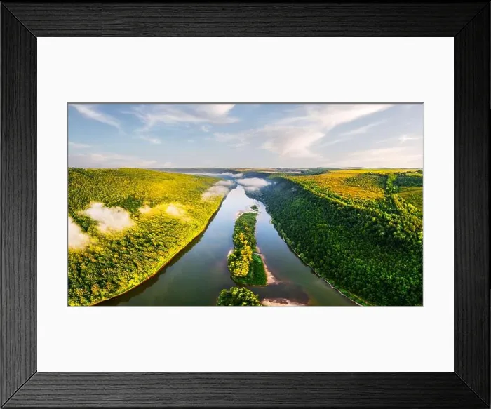 Framed Print : Flight through majestic foggy river and lush green forest at sunrise time. Landscape photography. Dnister, Ukraine, Europe Framed Print : Flight through majestic foggy river and lush green forest at sunrise time. Landscape photography. Dnister, Ukraine, Europe