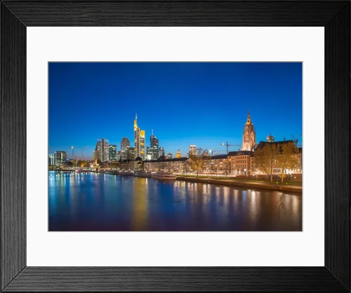Framed Print : View of Frankfurt am Main skyline at dusk along Main river with cruise ship in Frankfurt, Germany Framed Print : View of Frankfurt am Main skyline at dusk along Main river with cruise ship in Frankfurt, Germany