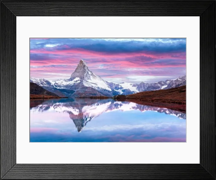Framed Print : Picturesque landscape with colorful sunrise on Stellisee lake. Snowy Matterhorn Cervino peak with reflection in clear water. Zermatt, Swiss Alps Framed Print : Picturesque landscape with colorful sunrise on Stellisee lake. Snowy Matterhorn Cervino peak with reflection in clear water. Zermatt, Swiss Alps