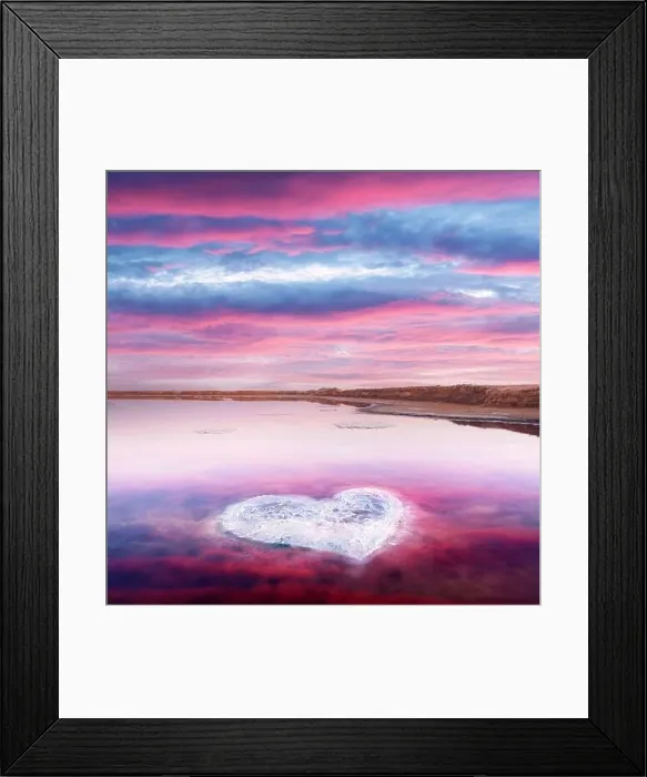 Framed Print : Heart from salt in pink water salt lake in Ukraine, Europe. Creative concept Framed Print : Heart from salt in pink water salt lake in Ukraine, Europe. Creative concept