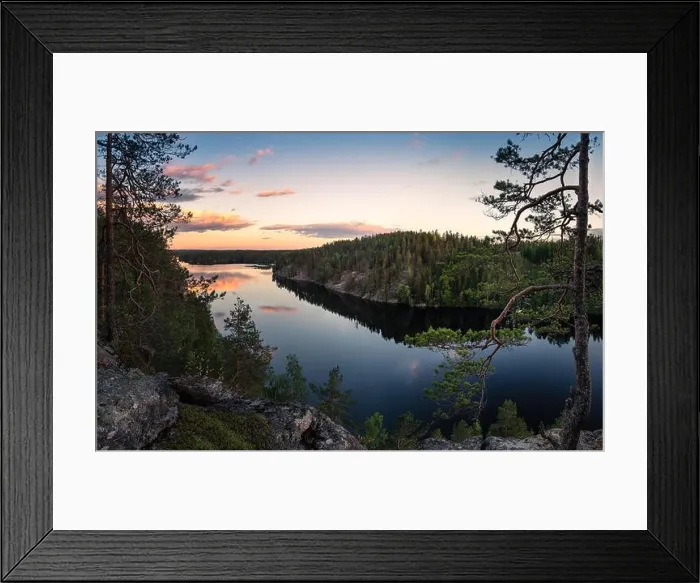 Framed Print : Scenic traditional Finnish landscape with lake and sunset at summer evening in Haukkavuori, Finland Framed Print : Scenic traditional Finnish landscape with lake and sunset at summer evening in Haukkavuori, Finland