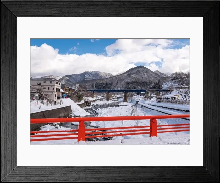 Framed Print : Yamadera, Yamagata, Japan town view over the Tachiya River on a winters day Framed Print : Yamadera, Yamagata, Japan town view over the Tachiya River on a winters day