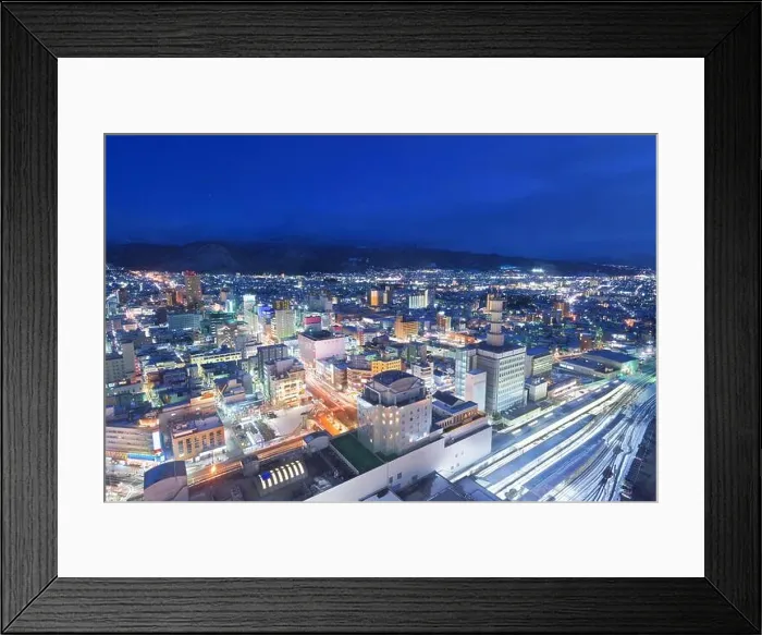 Framed Print : Yamagata, Japan downtown city skyline at twilight in winter Framed Print : Yamagata, Japan downtown city skyline at twilight in winter