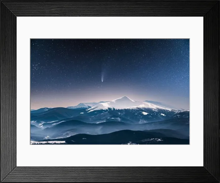 Framed Print : Fantastic winter landscape glowing by star light. Dramatic wintry scene with snowy trees and comet in night sky. Carpathians, Europe Framed Print : Fantastic winter landscape glowing by star light. Dramatic wintry scene with snowy trees and comet in night sky. Carpathians, Europe