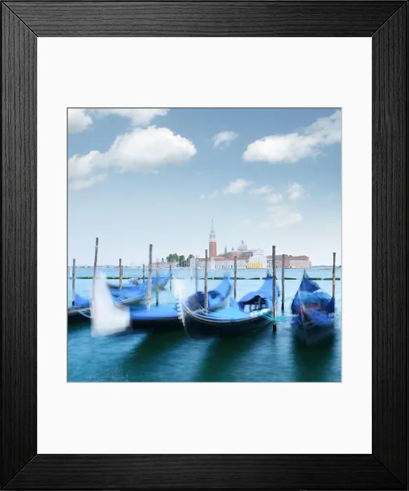 Framed Print : Row of gondolas parked on city pier Framed Print : Row of gondolas parked on city pier