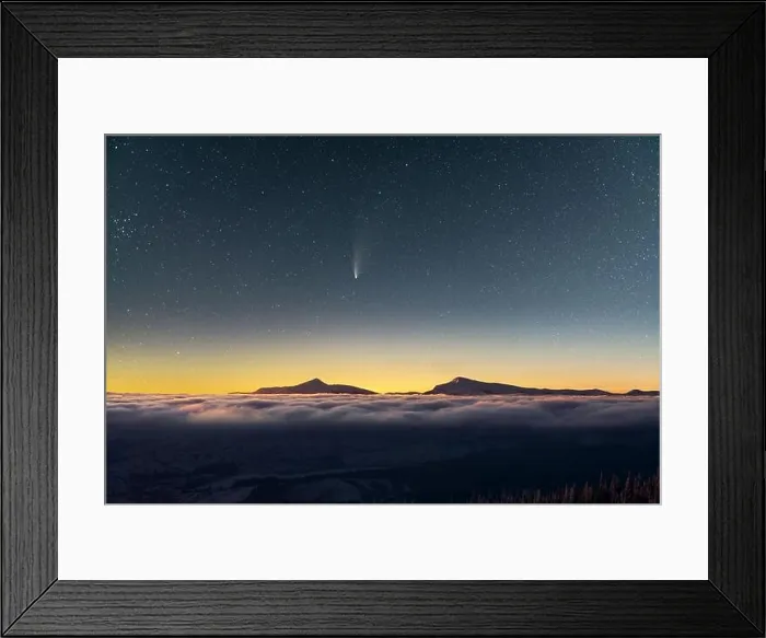 Framed Print : Fantastic winter landscape glowing by star light. Dramatic wintry scene with snowy trees and comet in night sky. Carpathians, Europe Framed Print : Fantastic winter landscape glowing by star light. Dramatic wintry scene with snowy trees and comet in night sky. Carpathians, Europe