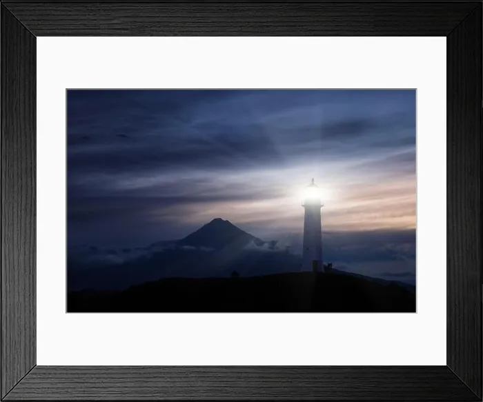Framed Print : Cape Egmont Lighthouse and Taranaki Mount on background, New Zealand Framed Print : Cape Egmont Lighthouse and Taranaki Mount on background, New Zealand