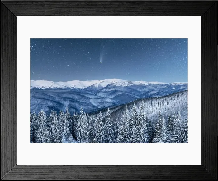 Framed Print : Fantastic winter landscape glowing by star light. Dramatic wintry scene with snowy trees and comet in night sky. Carpathians, Europe Framed Print : Fantastic winter landscape glowing by star light. Dramatic wintry scene with snowy trees and comet in night sky. Carpathians, Europe