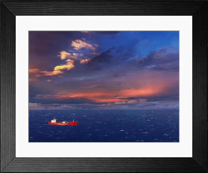 Framed Print : Red ship in the sea at sunset Framed Print : Red ship in the sea at sunset