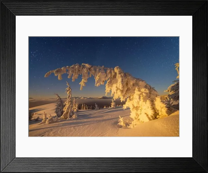 Framed Print : Fantastic winter landscape glowing by star light. Dramatic wintry scene with snowy trees and milky way in night sky. Carpathians, Europe Framed Print : Fantastic winter landscape glowing by star light. Dramatic wintry scene with snowy trees and milky way in night sky. Carpathians, Europe