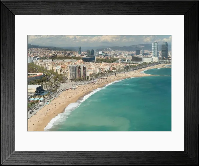 Framed Print : Aerial view of Barcelona, Barceloneta beach and Mediterranean sea in summer day at Barcelona, Spain Framed Print : Aerial view of Barcelona, Barceloneta beach and Mediterranean sea in summer day at Barcelona, Spain