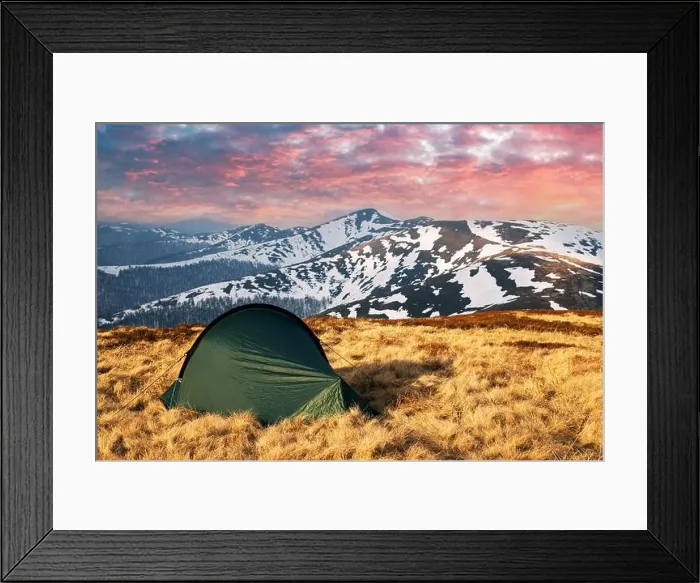 Framed Print : Green tent on amazing meadow in spring mountains in sunset time. Landscape photography, travel concept Framed Print : Green tent on amazing meadow in spring mountains in sunset time. Landscape photography, travel concept