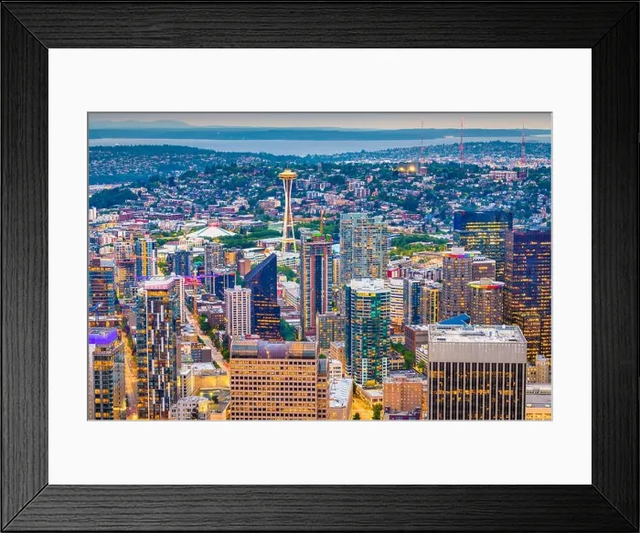 Framed Print : Seattle, Washington, USA downtown skyline from above at dusk Framed Print : Seattle, Washington, USA downtown skyline from above at dusk