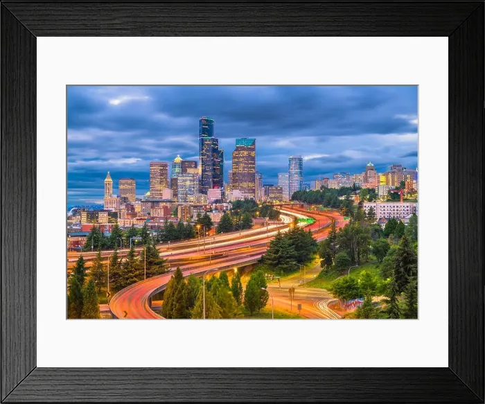 Framed Print : Seattle, Washington, USA downtown skyline and highways at dusk Framed Print : Seattle, Washington, USA downtown skyline and highways at dusk